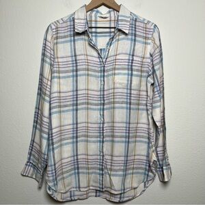 LL Bean Women Linen Tunic Button Front Top Large White Purple Outdoor Plaid
